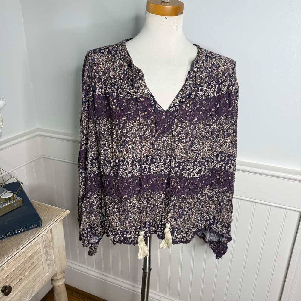 Natural Life Purple Floral Tassel Tie V-Neck Rayon Peasant Blouse XL